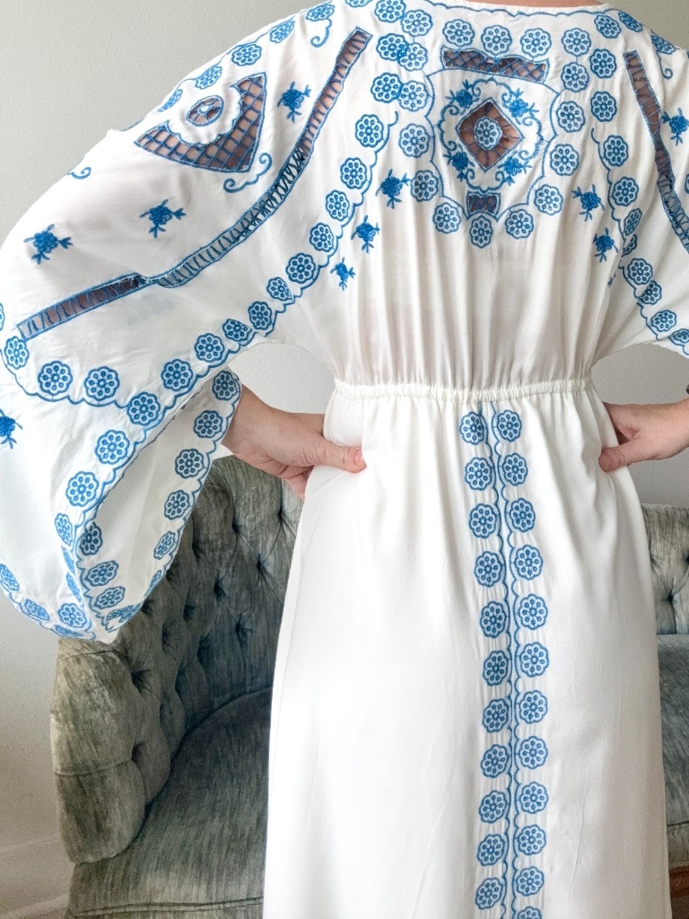 Embroidered Blue White Cotton Maxi Dress Greek Button Down Medium Milkmaid
